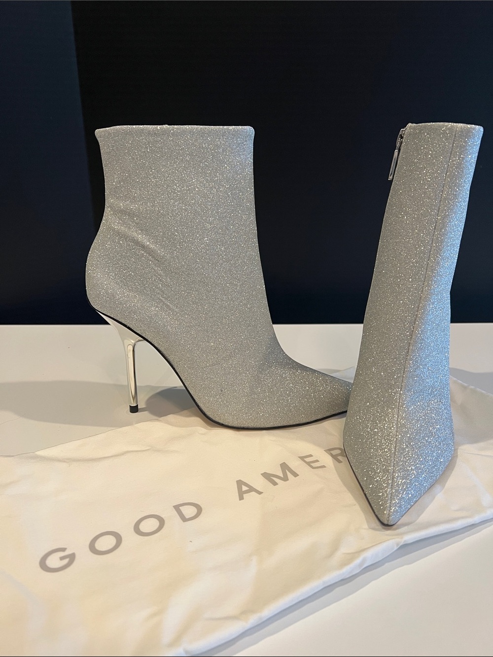 Good American Silver Glitter Pointed Toe Stiletto Ankle Boots